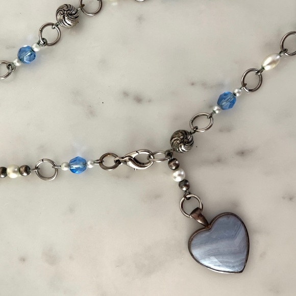 Clouds & Sky Blue Lace Agate Heart Gemstone Chain Lariat Choker Necklace - Picture 1 of 6